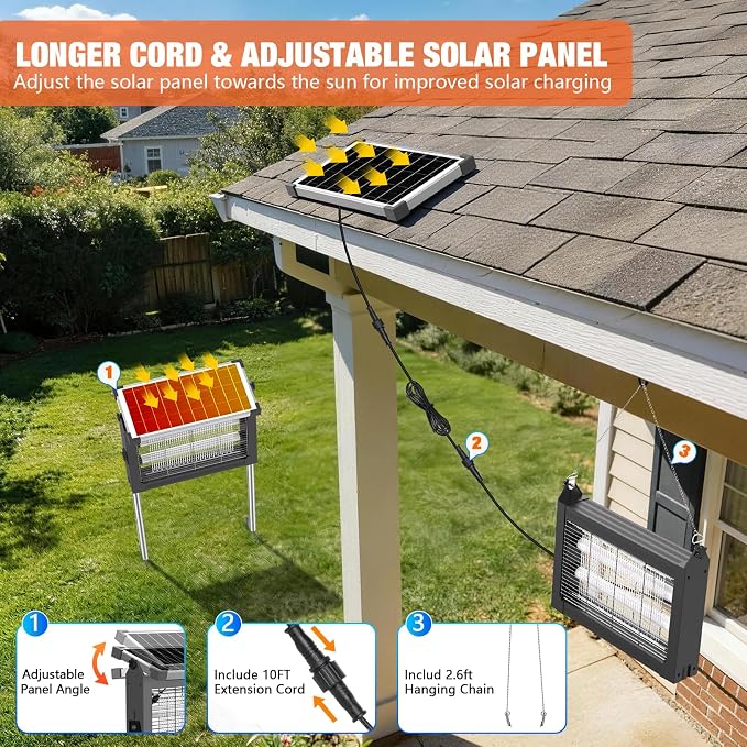 Solar Bug Zapper Outdoor Waterproof, 4500V Rechargeable Mosquito Zapper with Solar Panel Sensor, Auto ON/Off, 10ft Extension Cord & Solar Powered Bug Zapper, Cordless Insect Zap for Patio Yard Garden