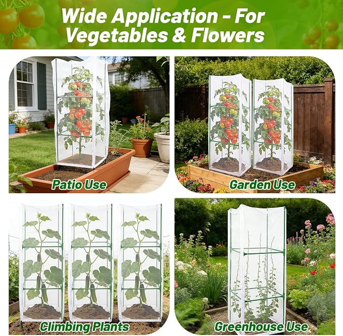 3 Pcs Garden Bird Netting Plant Cover for Square Tomato Cage, 55"×19.7" Garden Bird Tomato Cage Covers with Zipper & Drawstring for Vertical Climbing Plants, Vegetable and Flowers (No Cage)