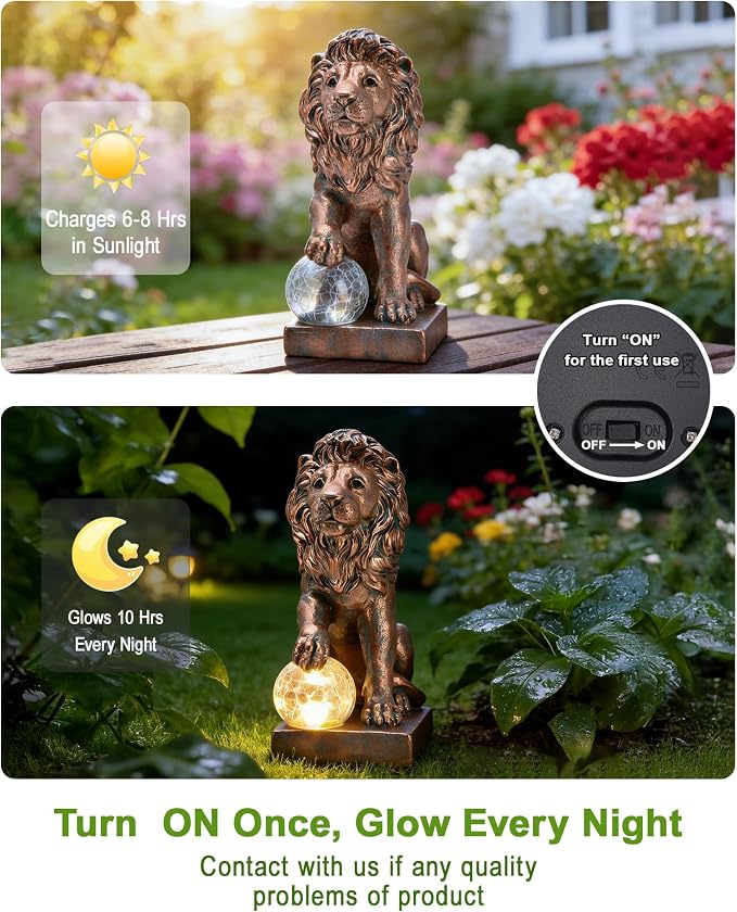 Guardian Lion Outdoor Statues for Garden with Solar Ball (Copper) | 9.45in IP65 Waterproof,Outside Decor, Yard Art Lawn Ornaments, Porch Patio Balcony Home House, Gifts for Mom Grandma Women