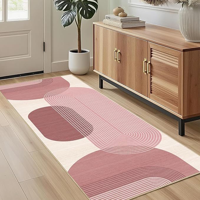 Boho Runner Rug 2x6 for Hallway Kitchen Bedroom,Bohemian Runner Rugs Washable Modern Geometric Rug Non-Slip Printed Low Pile Long Floor Carpet Mat for Bedroom Laundry,Pink