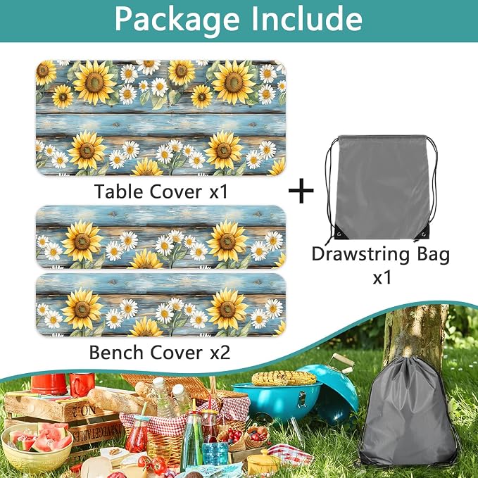 Wooden Floral Picnic Table Cover with Bench Covers Camping Essentials Waterproof Windproof Camping Outdoor Tablecloth with Drawstring Bag, Fitted Rectangle Tables and Seats, 30X60 inch