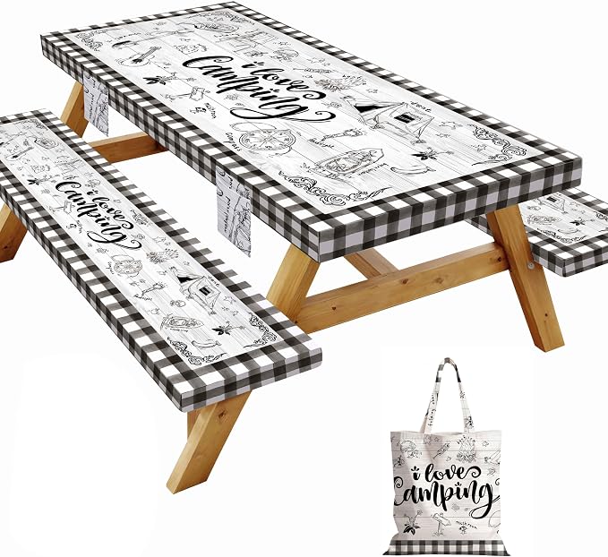 Picnic Table Cover with Bench Covers Elastic,Fitted Table Cloths for Rectangle Tables 6 Foot Washable,Waterproof Tablecloth for Outdoor Camping Essentials Accessories(6 Foot,Checked)