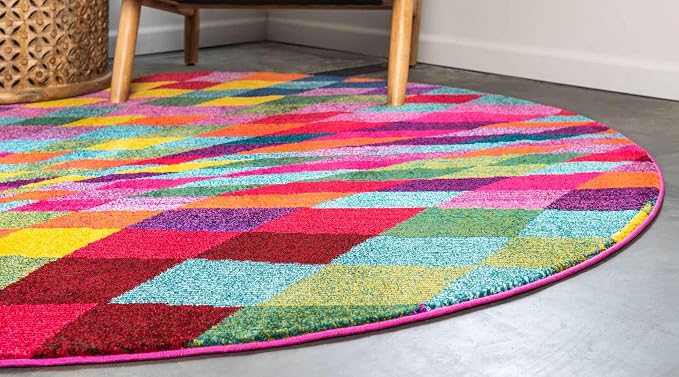 Unique Loom Estrella Collection Geometric, Abstract, Colorful, Modern, Eclectic Area Rug (6' 0 x 6' 0 Round, Multi/Pink)
