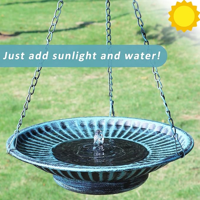 12" Hanging Solar Bird Bath,Solar Bird Bath Fountain for Garden Patio Decor | Hanging Bird Bath with Solar Fountain,Metal Bird Bath Bubbler,Hanging Bird Bath for outside (blue)