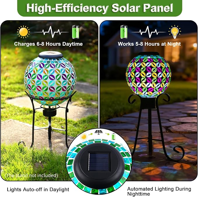 SAVENNA Mosaic Solar Gazing Ball 8 Inch,Glass Garden Globe with Auto On/Off for Yard, Lawn & Outdoor Decor,Multicolor
