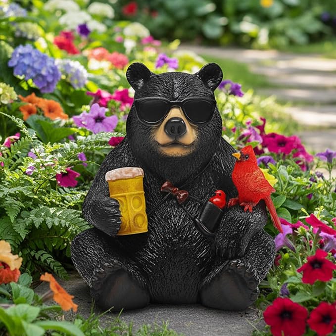 Solar Black Bear Statue for Garden with Beer and Cardinals 6.3" Resin Garden Statues for Outside Yard Paito Porch Decor Birthday Gardening Gifts for Women Mother Sister Grandmother Wife