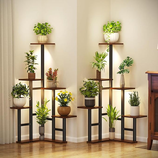 Yzosvki Corner Plant Stand Indoor with Grow Lights Set of 2, 6 Tiered Corner Plant Shelf Flower Stand for Multiple Plants, Plant Shelves Organizer Rack, Round Rustic Brown