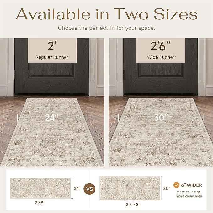 2'6x12 Beige Neutral Runner Rug | Washable, Non Slip, Soft Low Pile, Vintage Farmhouse, for Hallway Kitchen Laundry Bathroom Bedroom Living Room Home Decor
