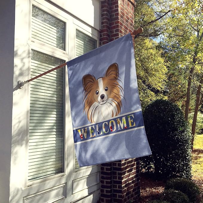 Caroline's Treasures BB1434CHF Papillon Welcome House Flag, Blue Large Porch Sleeve Pole Decorative Outside Yard Banner Artwork Wall Hanging, Polyester, House Size, Multicolor