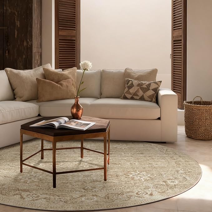 4ft Round Washable Rugs for Bedroom: Circle Living Room Rug Boho Non Slip Low Pile Soft Faux Wool Non Shedding Small Carpet for Kitchen Entryway Bathroom Bedside Office College Dorm Kids Room Entrance