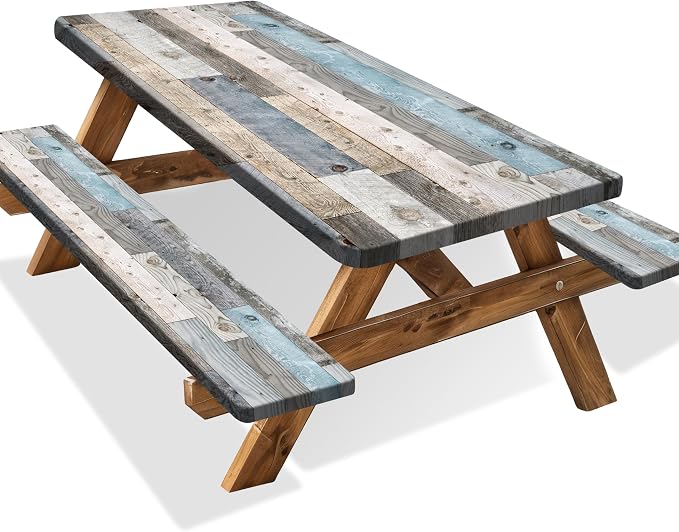 Picnic Table Cover with Bench Covers Camping Essentials Farmhouse Outdoor Table Covers with Elastic Waterproof Camping Tablecloth for Picnic Party Travel