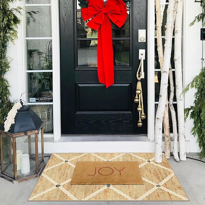 Indoor Front Door Mat, 2x3 Neutral Cottage Geometric Front Door Rug | Non-Slip Washable Doormat Indoor Outside Entrance Woven-Look Farmhouse Small Throw Rugs for Entryway Kitchen Laundry Room
