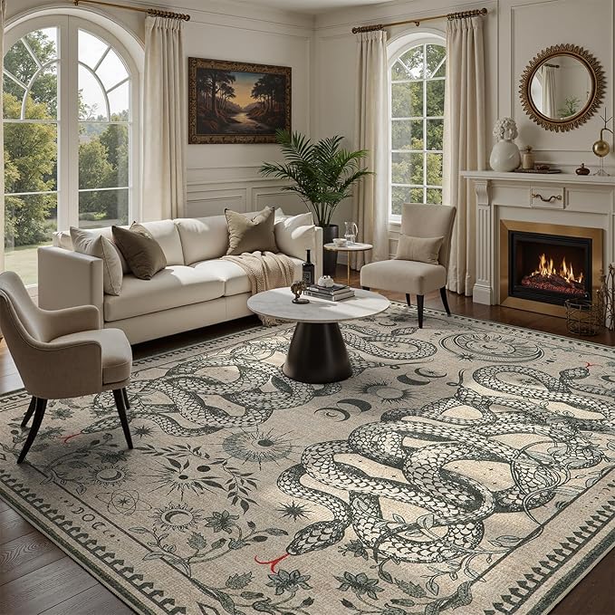DCX 8x10 Washable Snake Rug for Living Room, Non Slip Low Pile Rug, Beige | Rugs for living rooms, bedroom, dining room, office, soft, gothic rug, sain resistant indoor carpet, home decor