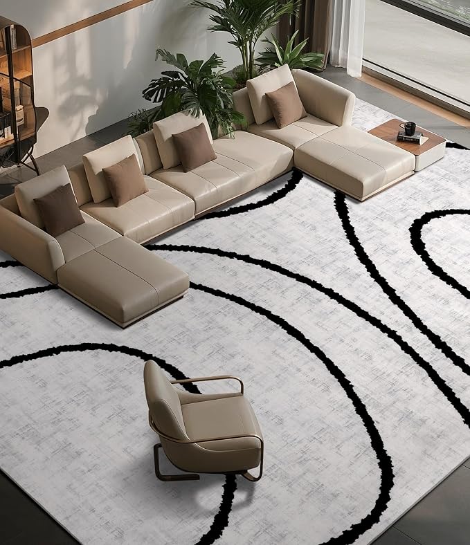 Modern Area Rugs for Living Room, 9x12 Washable Black and White Rug, Thin Abstract Geometric Striped Rug, Area Rug for Bedroom,Kitchen,Dining Room,Office