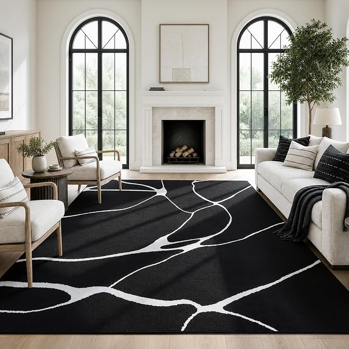 8x10 Washable Modern Abstract Black White Area Rug | Ultra-Thin Low Pile, Non-Slip TPE Backing, Soft Stain Resistant, Machine Washable, for Bedroom Livingroom High Traffic
