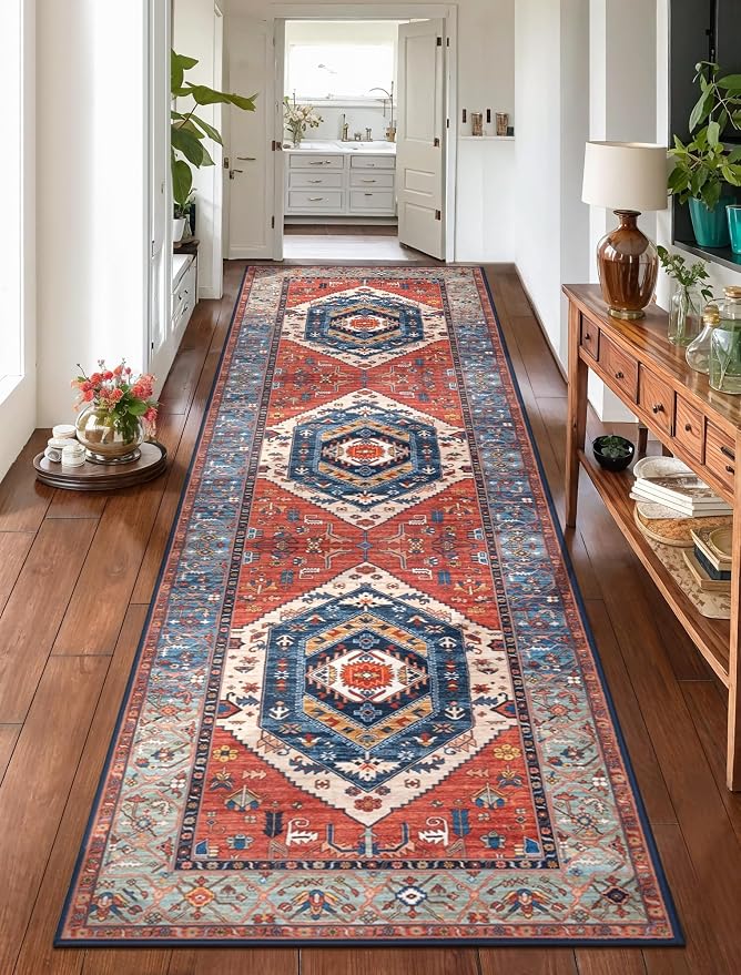 SERISSA 2'6"x10' Washable Non Slip Boho Runner Rug for Hallway，Rust | Ultra Soft Vintage Oriental Carpet Low-Pile Tribal Floor Carpet for Kitchen Stair Bedroom Bathroom Laundry Room