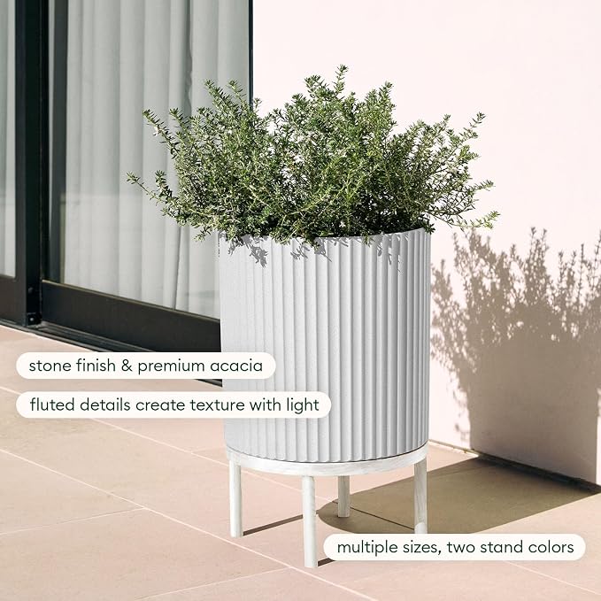 Veradek Demi Series Round Planter w/Stand for Porch/Patio | Durable Plastic-Stone Composite & Wooden Stand | Modern Décor for Tall Plants, Flowers