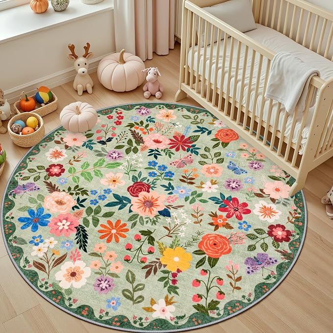 PLHXFR Round Area Rug Living Room: 4 ft Floral Washable Soft Carpet Green | For Bedroom Dining Room Farmhouse Nursery Hallway,Vintage Floral,Machine washable,Non Slip,Stain Resistant,Large Indoor