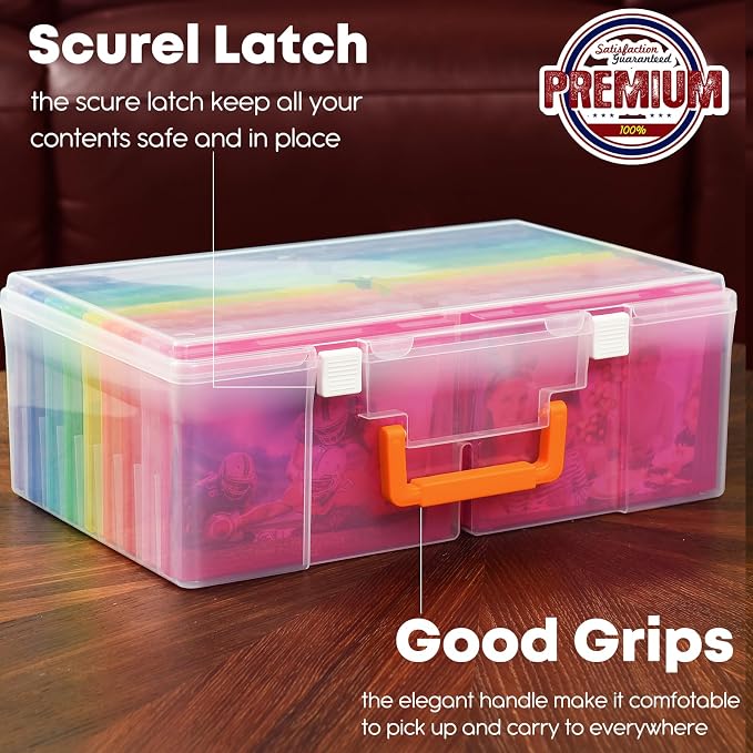ALINK Photo Storage Box 5" x 7" with Handle, 18 pcs Inner Photo Containers Organizer and Craft Keeper, Portable Picture Case with Label for Seed, Arts, Crafts, Sewing, Stickers, Office - Colorful