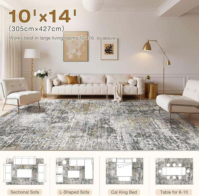 kakania Abstract 10x14 Area Rugs for Living Room: Washable Rugs Black Gold | Soft, Non-Slip, Low-Pile, Pet & Kid Friendly - Large Modern Home Decor Carpet for Bedroom/Dining Room/Office/Nursery