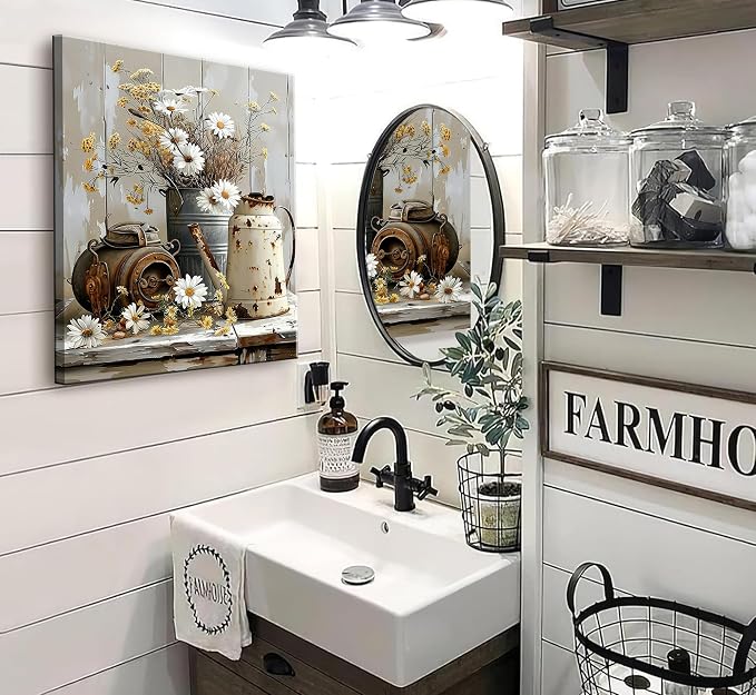 Farmhouse Rustic Flower Bathroom Canvas Wall Art White Jasmine and Rust Color Watering Can Wall Decor Picture Vintage Daisy Floral Posters Print for Bathroom Toilet Washroom Lavatory Home Decoration