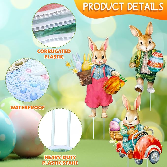 Menkxi 12 Pcs Easter Vintage Bunny Yard Signs Rabbit Lawn Sign Plastic Outdoor Decoration Spring Easter Yard Decor with Stake for Wedding Party Supplies Garden Patio Walkway Home Photo Prop