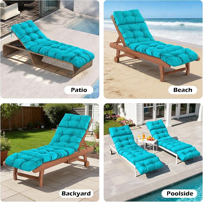 IASEAHK 2 Pcs Chaise Lounge Cushions Outdoor,Waterproof & Fade Resistant Patio Lounge Chair Cushions for Outdoor Furniture, Chaise Cushion with Ties for Pool, Lawn and Beach, 75.1x22.8x4.7 Inch, Teal