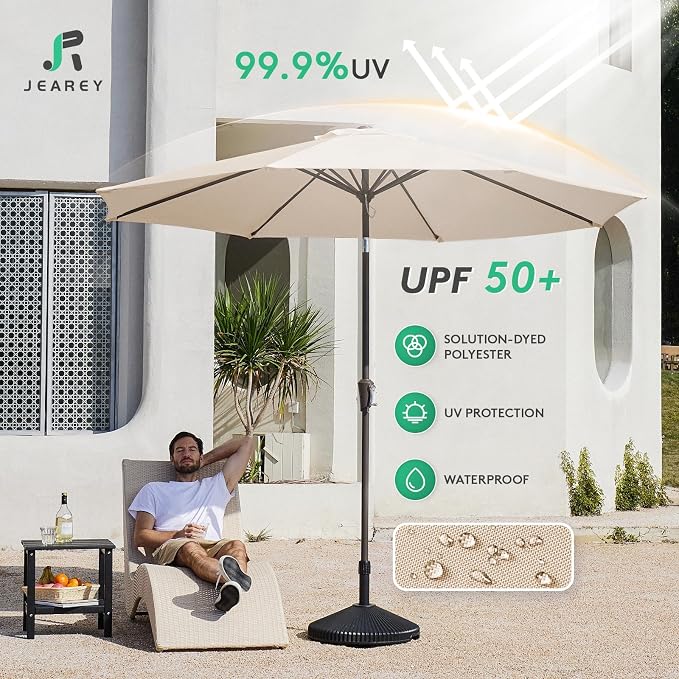 JEAREY 9FT Outdoor Patio Umbrella Market Umbrella with Push Button Tilt and Crank, Outdoor Table Umbrellas 8 Sturdy Ribs UV Protection Waterproof for Garden, Deck, Backyard, Pool (Cream Beige)