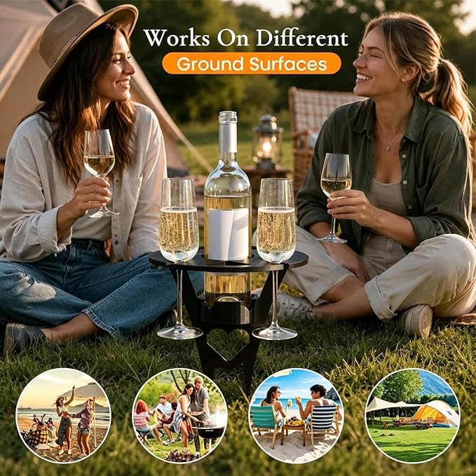 Foldable Wine Table Outdoor, Portable Mini Wooden Picnic Table Wine Glass Holder for Beach BBQ Camping Yard Lawn Party