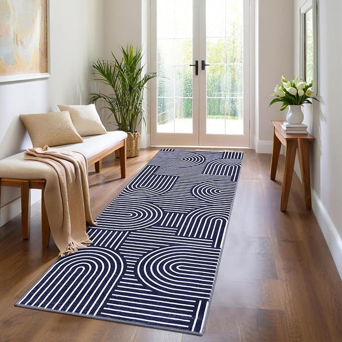 ROYHOME Modern 2.5x10 Hallway Runner Rug Non Slip Washable Kitchen Rug Blue | Abstract Bath Mat, Rainbow Geometric Runners Rugs for Bedroom, Soft Long Rugs for Entryway Arch Pattern Bathroom Laundry Dorm