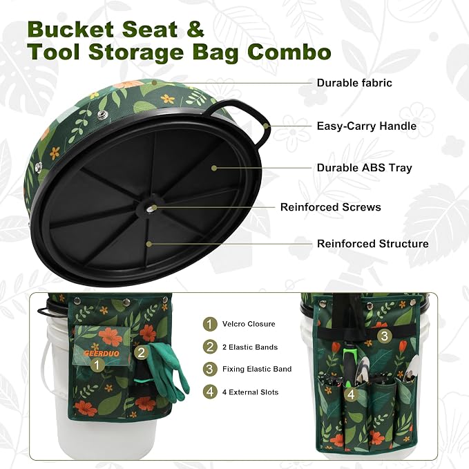 5 Gallon Swivel Bucket Seat Lid with Tool Organizer Bag, 360° Silent Rotating Padded Cushion (3" Thick), Waterproof Bucket Cover Stool for Gardening, Fishing, Hunting, Car Wash