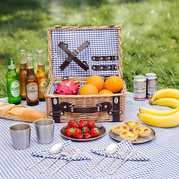 Picnic Basket Set for 2, Wicker Picnic Baskets with Waterproof Blanket and Cutlery Service Kit, Willow Hamper for Camping, Outdoors, Valentine's Day, Christmas, Birthday, Wedding Gift