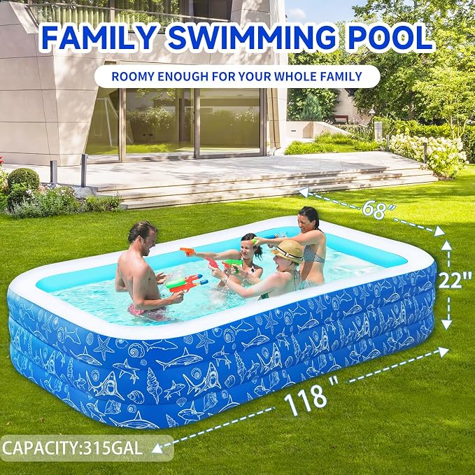 Inflatable Swimming Pool for Kids and Adults- 118" x 68" x 22" Family Full-Sized Blow Up Pools for Kids-Thickened Durable Above Ground Swimming Pool Backyard Lawn, Summer Party Outdoor and Indoor