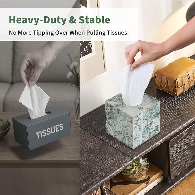 Real Natural Marble Tissue Box Cover, 5.5 Inch Square Marble Tissue Box Holder with Open Bottom, Heavy Stone Decorative Organizer for Bathroom Vanity, Kitchen Countertop, Luxury Home Décor