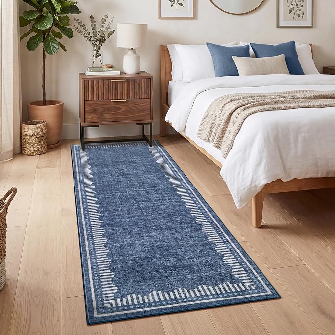 Garvee Washable Hallway Runner Rug 2x6 Non Slip Neutral Scalloped Runners | Blue Low Pile Stain Resistant Kitchen Runner Mat Solid Color Modern Geometric Living Room Bedroom Nursery Entry Area Rugs