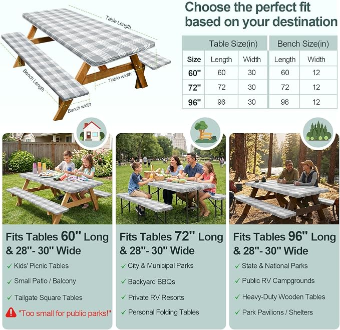 Play Tailor Picnic Table Cover with Bench Covers Camping Essentials Waterproof Windproof Camping Tablecloth with Drawstring Bag, Fitted Rectangle Tables and Seats, 96in, Grey Checkered