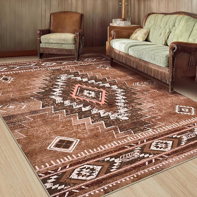 Yinhua Western Living Room Rug 5x7, Moroccan Washable Rug for Bedroom | Aztec Brown Rugs Non Slip Low Pile, Soft Non-Shedding Carpet for Nursery Classroom Office