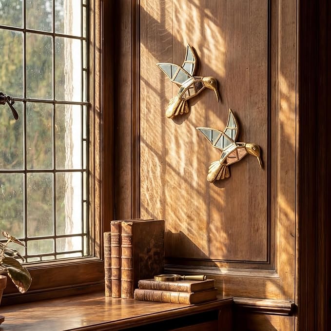 Sliner 2 Pcs Hummingbird Mirror Wall Decor, Gold Resin Aesthetic Bird Wall Art, Vintage Decorative Hanging Glass Mirrors for Victorian Home, Elegant Nature Inspired Summer Wedding Gift