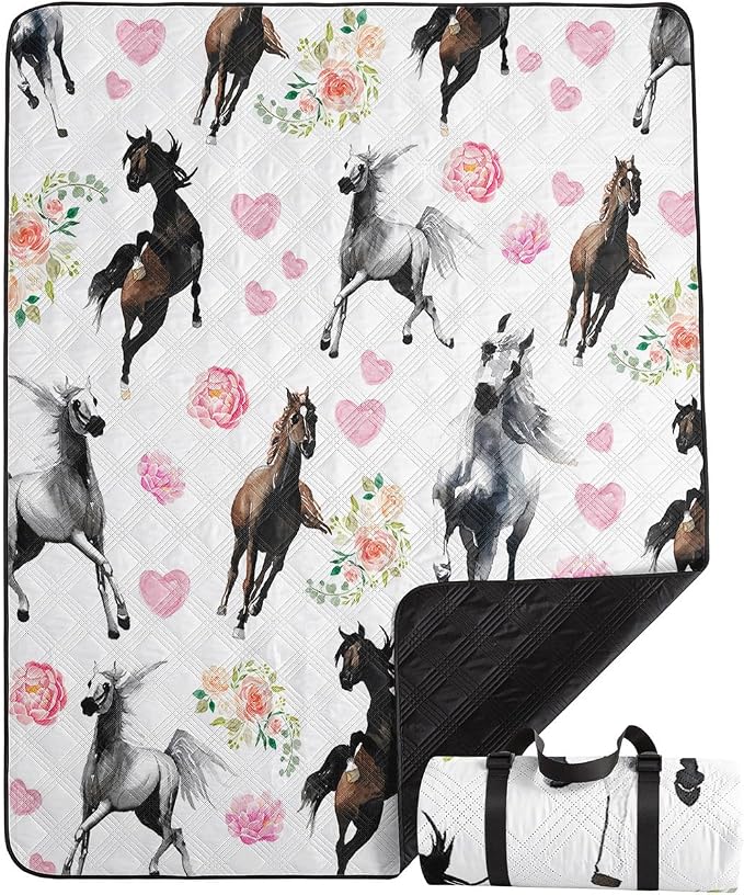 Outdoor Picnic Blanket,Portable Sandproof Waterproof Picnic Mat,Galloping Horses Printed Camping Beach Mat for Sand and Wet Grass Hiking (Galloping Horses L)