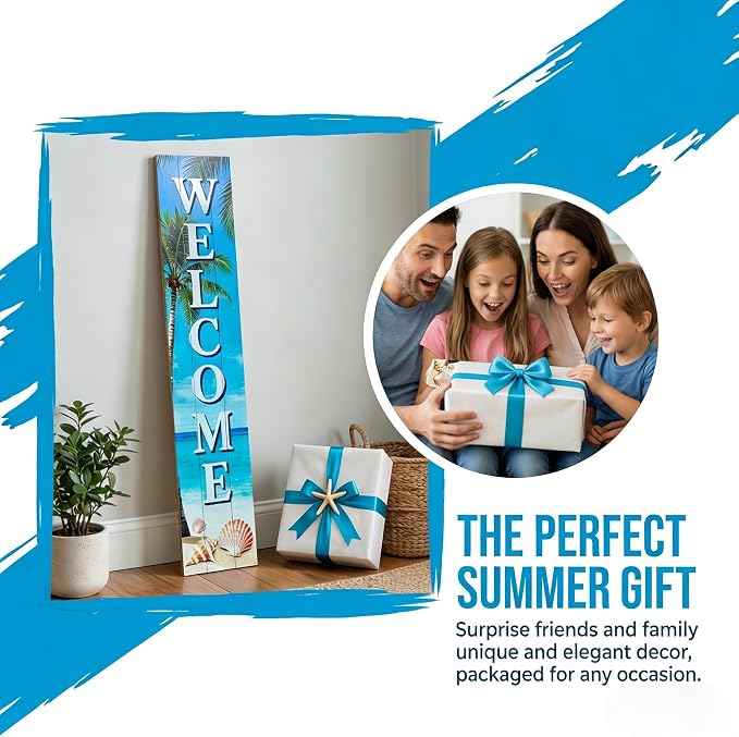 Vertical Wood Welcome Sign for Front Porch Vertical Decorative Sign Front Door Outdoor Indoor Welcome Sign 47.2x7.8 Inch Beach Shell Outdoor Decor for Welcome Front Porch Decorations.
