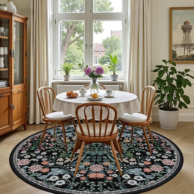 PLHXFR Round Area Rug Living Room: 6 ft Floral Washable Carpet Dark Black | For Bedroom Dining Room Farmhouse Nursery Hallway,Vintage Floral,Machine washable,Non Slip,Stain Resistant,Large Indoor