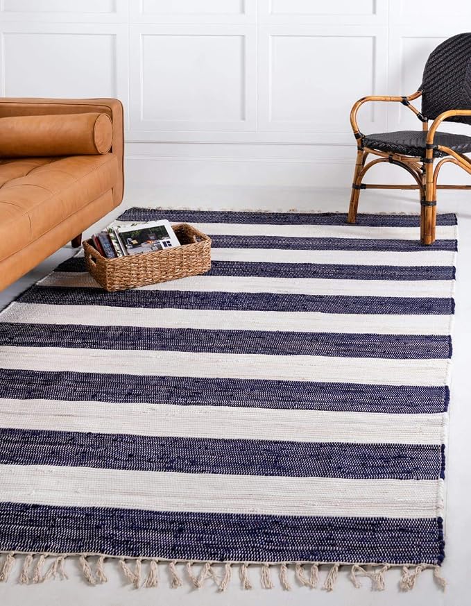 Unique Loom Chindi Rag Collection Area Rug - Striped (9'x 12' 2" Rectangle, Navy Blue/ Ivory)