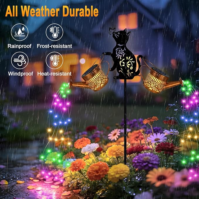2 Pack Solar Watering Can Lights, Solar Lights Outdoor Decorative, Cat Hanging Lantern Landscape Light Waterproof, Garden Decor for Yard Lawn, Gifts for Mom Women Cat Lover (Multicolor)