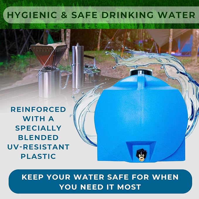 WaterPrepared Portable Water Tank, Plastic Handle & Hose Spigot, 35 Gallon, Blue - Heavy-Duty Beverage and Hydration Dispenser for Outdoor and Camping Trip