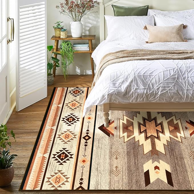 BENRON Western Area Rugs for Living Room Bedroom 3x5, Non Slip, Warm Beige | Southwest aztec Throw Rugs for Dining Table Kitchen Home Decor, Washable