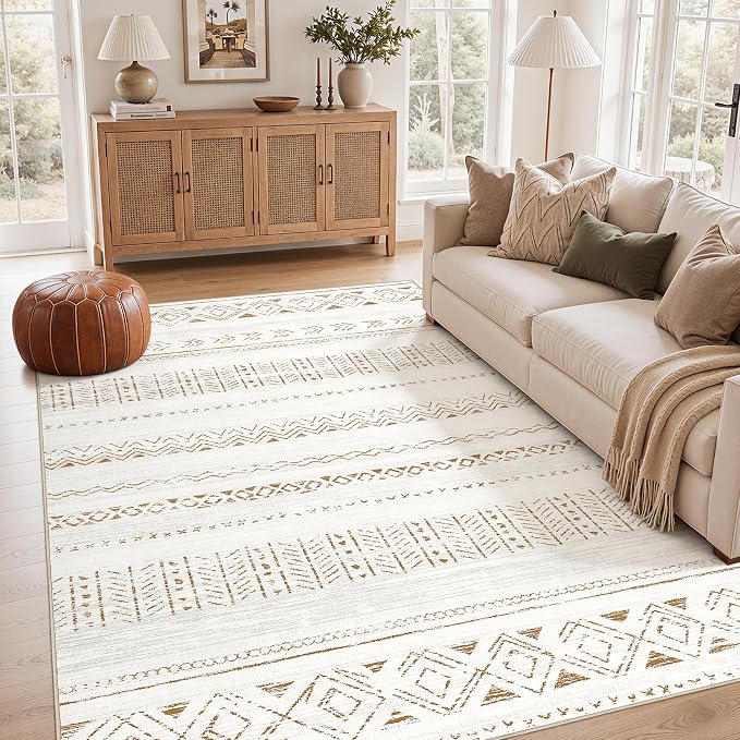 cotiled Boho 5x8 Area Rugs for Living Room: Soft Moroccan Washable Rug | Solve Modern Neutral Trendy Home Decor - Stain Resistan Indoor Carpet for Bedroom Dining Room Light Brown
