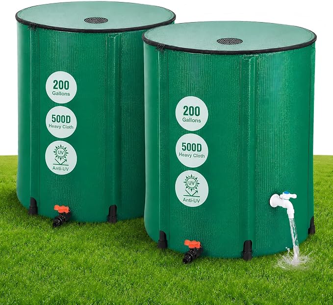 200 Gallon Collapsible Rain Barrel, Rain Water Collection Barrel System Kit, Collapsible Water Tank with 2 Spigots and Overflow Kit, Portable Rain Water Catcher for Garden, Green (2 Pack)