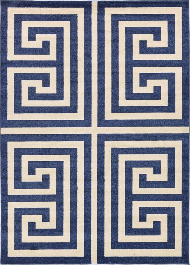 Unique Loom Athens Collection Classic Geometric Modern Border Design Area Rug (7' 0 x 10' 0 Rectangular, Navy Blue/ Beige)
