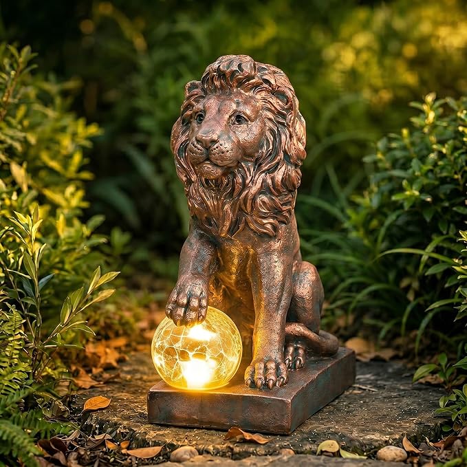 Guardian Lion Outdoor Statues for Garden with Solar Ball (Copper) | 9.45in IP65 Waterproof,Outside Decor, Yard Art Lawn Ornaments, Porch Patio Balcony Home House, Gifts for Mom Grandma Women