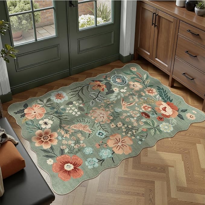 DCX Vintage Floral Washable Area Rug 3x5, Non Slip Low Pile Rug, Sage Green | Rugs for bedroom, living room, dining room, office, soft, kid & pet friendly, sain resistant indoor carpet, home decor